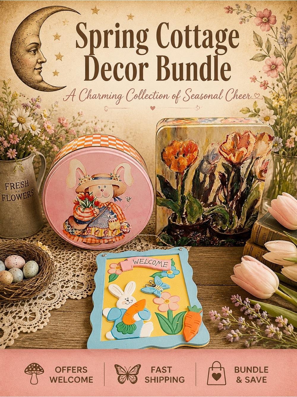 Spring Easter Decor Bundle Bunny Sign Floral Tin Cottagecore Set